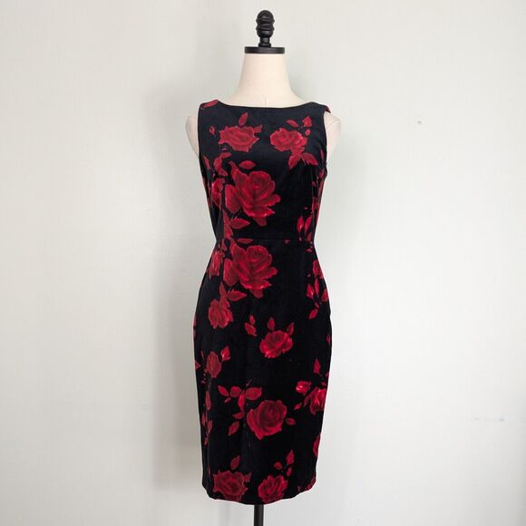 Talbots Velvet Dress 6P Black Red Sheath Dark Floral Rose Grunge Goth Valentines - Picture 1 of 11